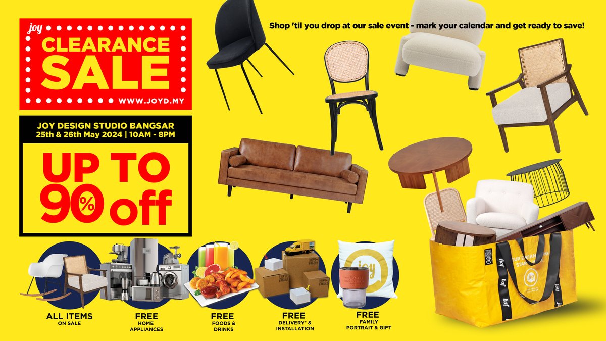 joydmy's tweet photo. Mark your calendars!

Our #Furniture #ClearanceSale is happening at : 
🏢 Joy Bangsar Showroom
📅 25 &amp; 26th May 2024
⏰ 10AM - 8PM

⚠️Note: It's first come, first served! https://t.co/JkgQERHVXR