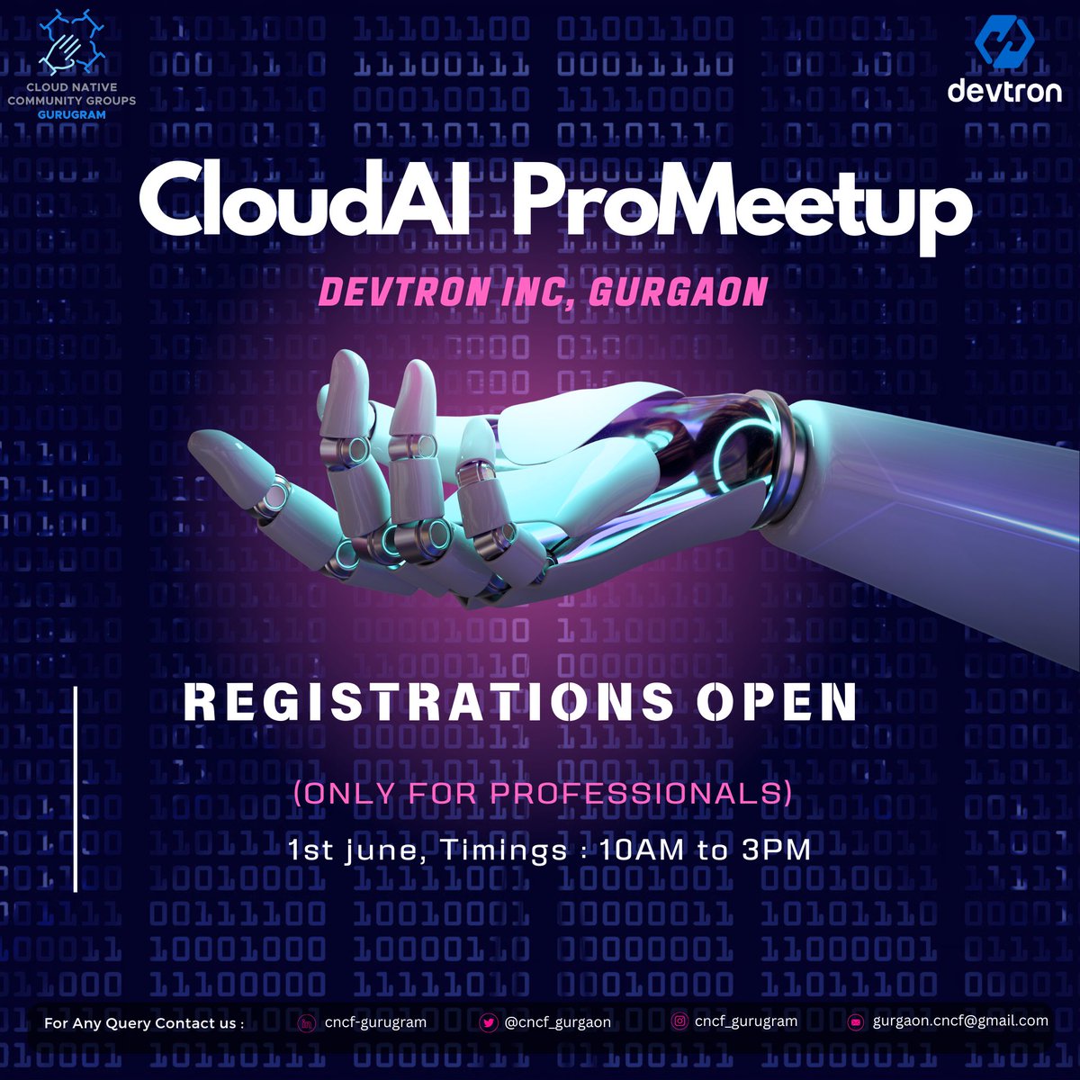 Hey everyone, We are excited to invite you to the upcoming CloudAI ProMeetup hosted by CNCG Gurugram on June 1st, 2024. This event is exclusively for professionals in the Cloud & AI field. Register now: konfhub.com/cloudaipromeet… #cncf #cloud #devops #genai #community #cncg