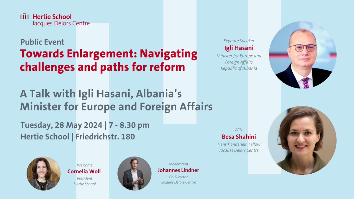 Register now! @IgliHasani and @besa_shahini are diving into the complexities of #enlargement and explore various dimensions of expansion. Welcome by @Cornelia_Woll moderation by @LindnerJS Where 📍 @thehertieschool When 🗓️ 28.5., 7pm Register ➡️ delorscentre.eu/en/events-at-t…