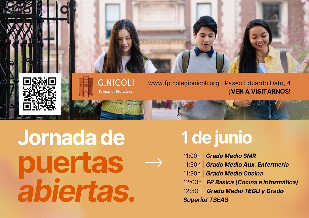 1 DE JUNIO | JORNADA PUERTAS ABIERTAS FP NICOLI
Conoce la Formación Profesional Básica, de Grado Medio y de Grado Superior de los ciclos que impartimos en el Centro G. Nicoli. 

🗓️ Sábado 1 de junio
🕚 Desde las 11.00h según ciclo de interés

Info: fp.colegionicoli.org/admisiones/