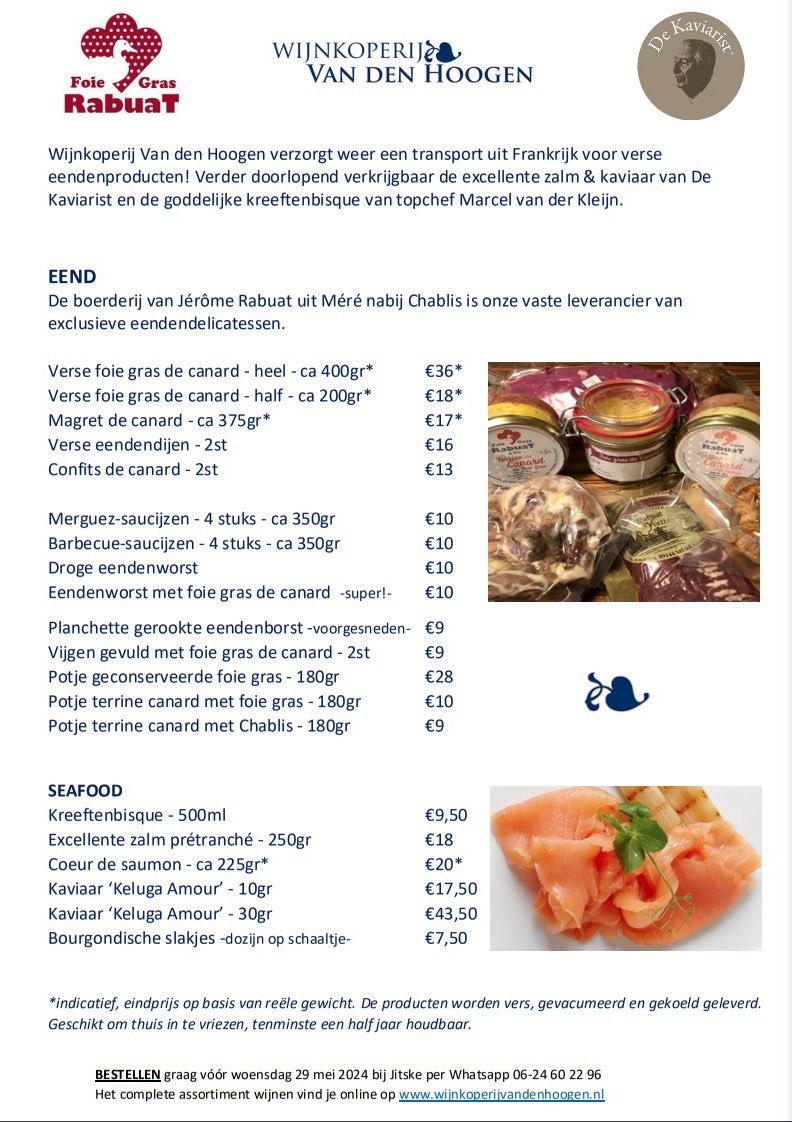 <a href="/WijnkoperijVdH/">Van den Hoogen</a> verzorgt transport eendendelicatessen 🦆 vanuit Méré (Chablis) naar Den Haag. Teken in op: tinyurl.com/WVdHdelicatess…