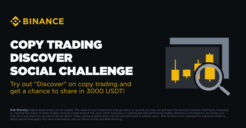 Start your trading journey with #Binance Copy Trading! Join the Discover Social Challenge to claim a share of 3,000 $USDT and win up to 100 $USDT. Here’s how: 🔸Follow and RT this post 🔸Try the Discover feature: bit.ly/44LzYq5 🔸Fill in this survey and complete other