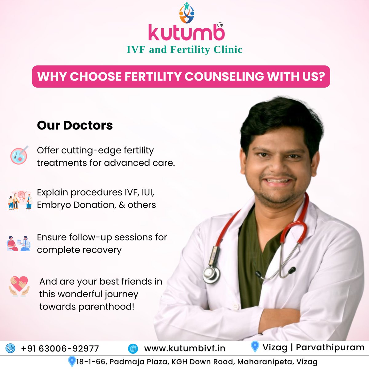 Choose fertility counseling with Kutumb IVF for a holistic approach to parenthood. Contact our expert now: +916300692977 #iui #iuitreatment #embryotransfer #pregnancy #parenthood #ivf #ivfcost #testtubebaby #testtubebabycentre #ivftreatment #ivftreatmentprocess #ivfclinic #vizag