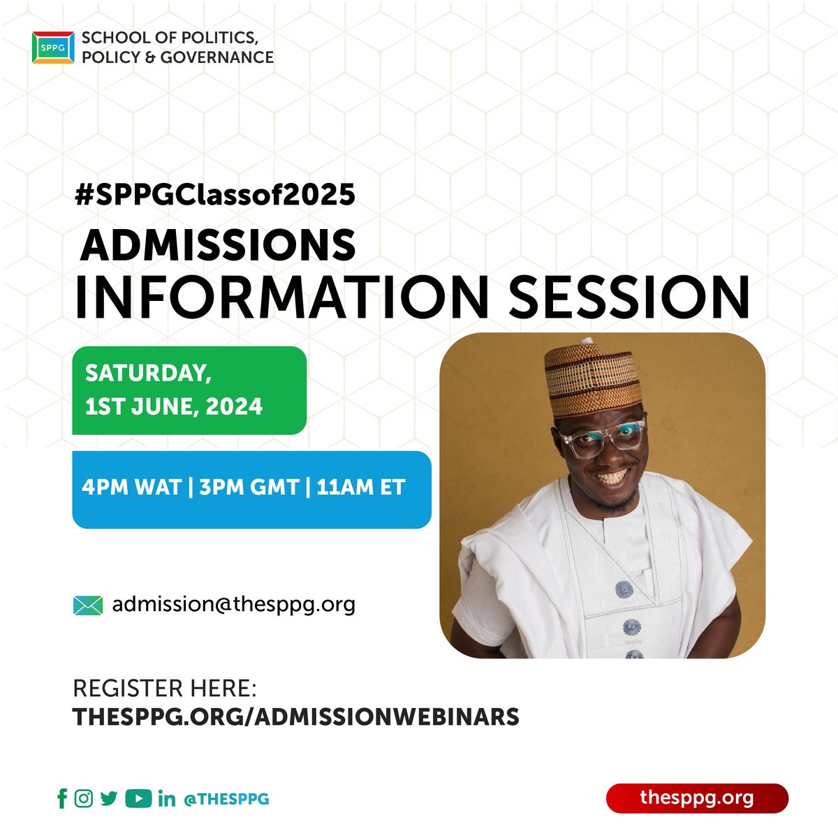 #SPPGClassof2025 Admissions Webinar!!!  

Do you have questions about the SPPG? 

Are you wondering how to acquire the competence, character and capacity to run for political office? 

Register HERE for our Admissions Webinar: thesppg.org/admissionwebin…

Date: Saturday, June 1st,