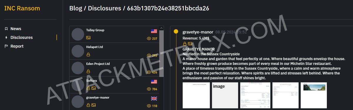 🚨 #Ransomware Alert: The group 'incransom' has targeted gravetye-manor.

The incident was discovered on May 15, 2024.

Data publication deadline set by 'incransom' Deadline May 08, 2024.

#incransom #attackmetricx #cymetricx #darkweb #threatintel #darkmetricx