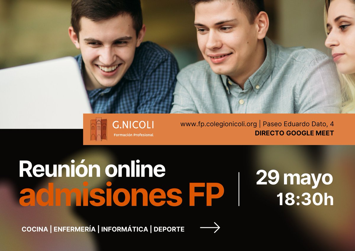 REUNIÓN ONLINE PROCESO DE ADMISIÓN FP | 29 DE MAYO 18.30H

Conoce el proceso de admisión y soluciona dudas. 

🗓️ Miércoles 29 mayo | 18.30h
📍 Online | Google Meet

Inscríbete para solicitar info de los ciclos y te enviamos el link. fp.colegionicoli.org/admisiones/

#FPNicoli