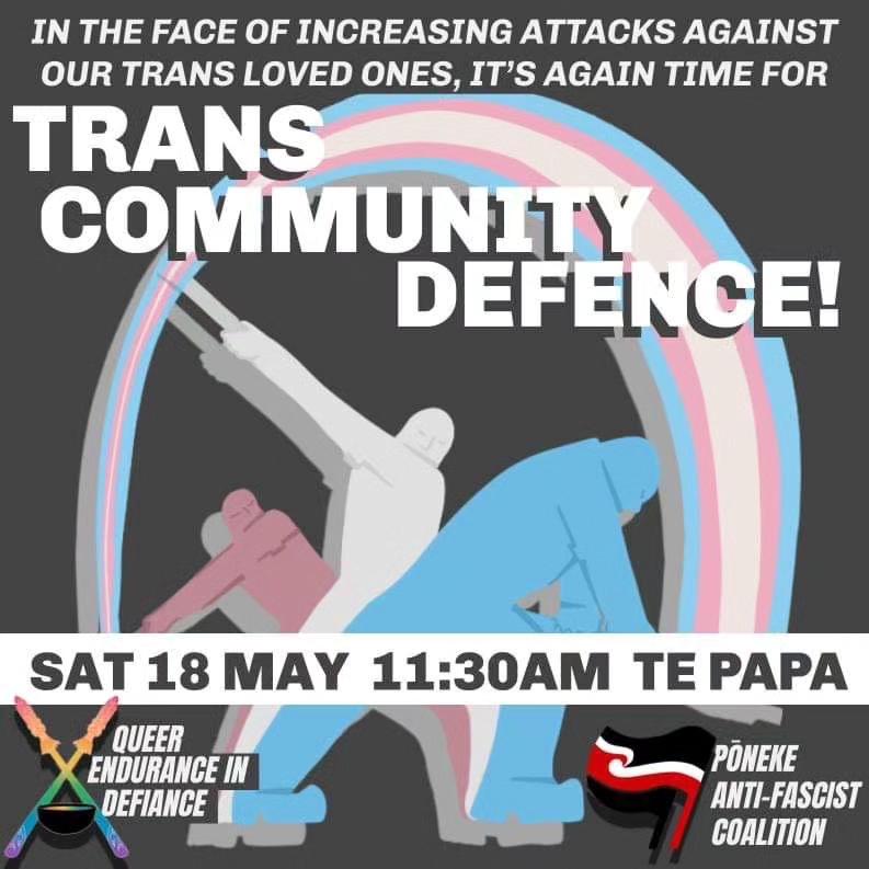 Pōneke whānau, please attend this rally by @PonekeAntifa and @QueerEndurance on Saturday 18th May from 11:30AM in front of Te Papa to oppose rising far-right transphobia and stand in solidarity with our trans, irawhiti and takatāpui whānau. facebook.com/events/6848687…