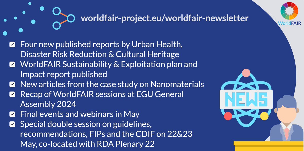 The latest #WorldFAIR newsletter is available! Read our recap of a busy April & register for our upcoming events, including our special double session on 22&23 May presenting the #CDIF, #FIPs & #recommendations on advancing the implementation of #FAIR 
👉tinyurl.com/WF-VP22