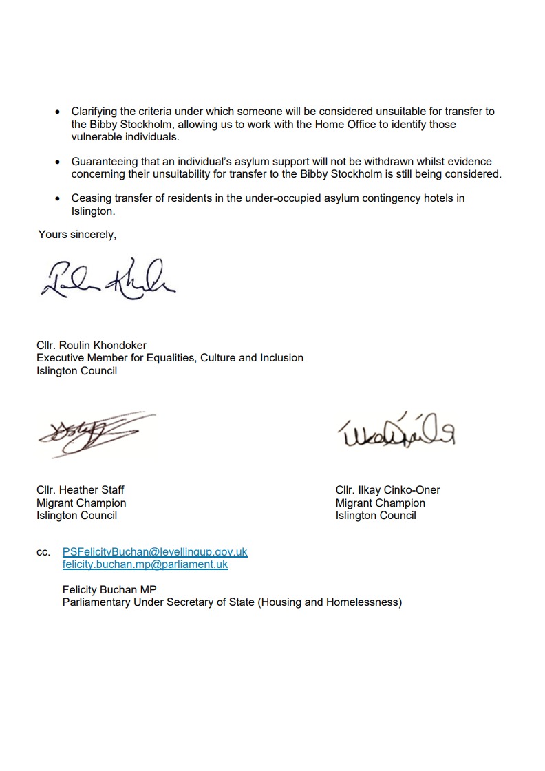 Earlier in the year fellow islington migrant champion @Ilkaycinko72 and I, along with Cllr Roulin Khondoker wrote to the Home Office opposing the removal of residents from Asylum hotels to the Bibby Stockholm 1/2