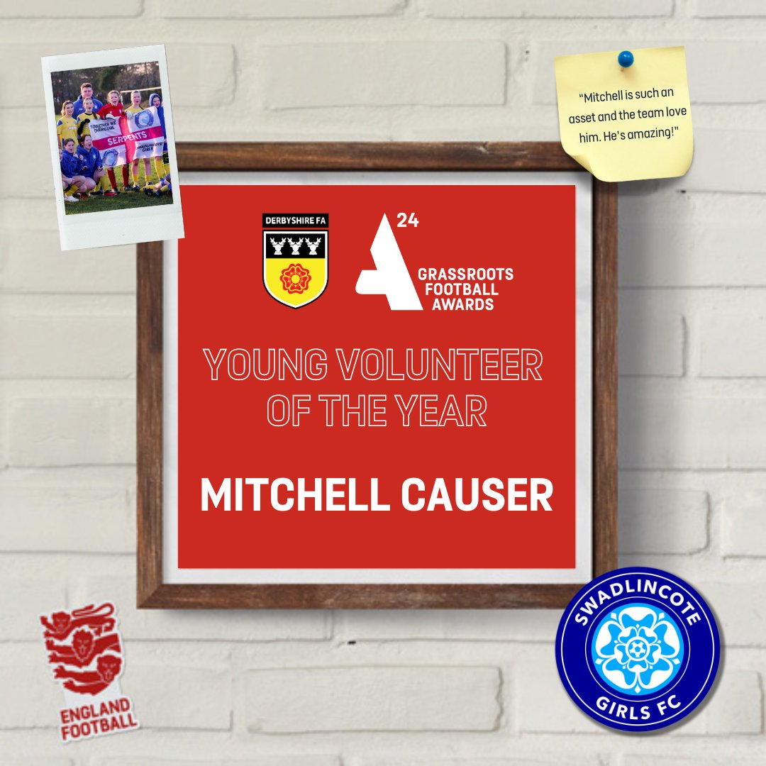 YOUNG VOLUNTEER OF THE YEAR - Mitchell Causer (@SwadGirlsFC) 🏆 Since coaching with the Serpents, Mitchell educated the team not only about football and their own game but how they can help and affect others in a positive way. He's always putting a smile on faces! #GRFA24