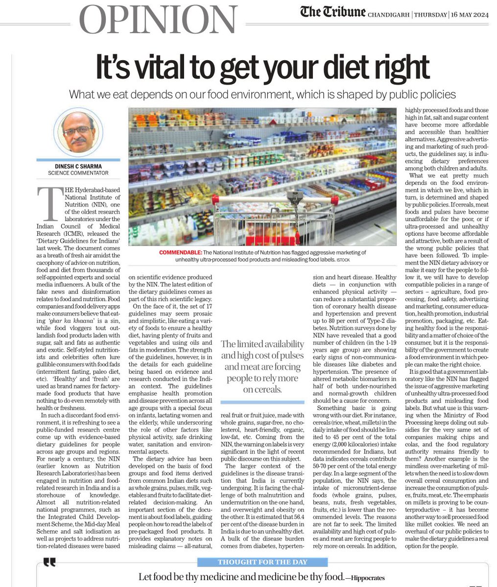 While dietary guidelines released by NIN are great, we need public policies that improve our food environment and let people make healthier choices. My take via @thetribunechd