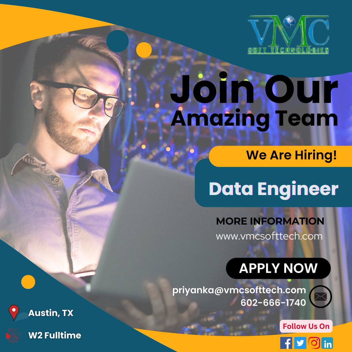 VMC Soft Technologies looking for a Data Engineer in Austin,TX Job Title: Data Engineer Locations: Austin , TX Contract: W2 Full-Time For more details: priyanka@vmcsofttech.com/ 602-666-1740 #dataengineering #datascience #bigdata #machinelearning #artificialintelligence