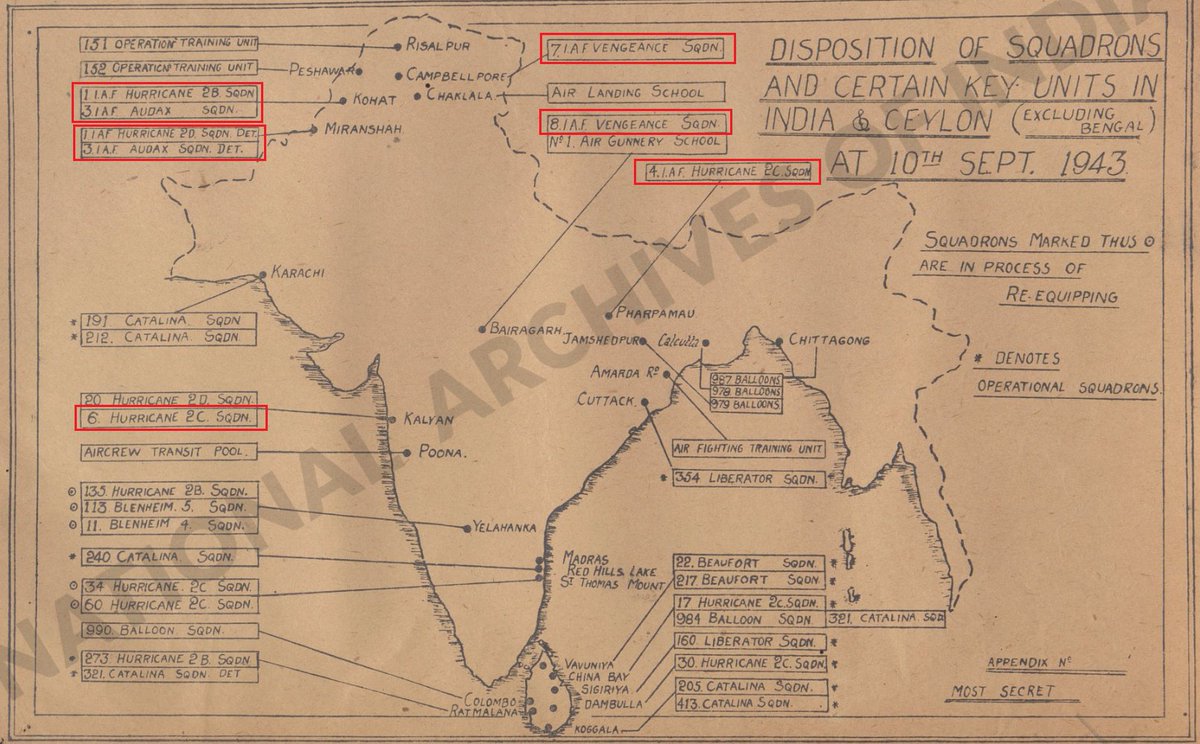 RARE MAP OF IAF SQUADRONS IN SEP 1943 This rare map from September 1943 provides a fascinating snapshot of the IAF @IAF_MCC squadrons during a pivotal time in World War II. At this point, the conflict in Bengal and Burma was intense, yet the IAF squadrons were primarily focused