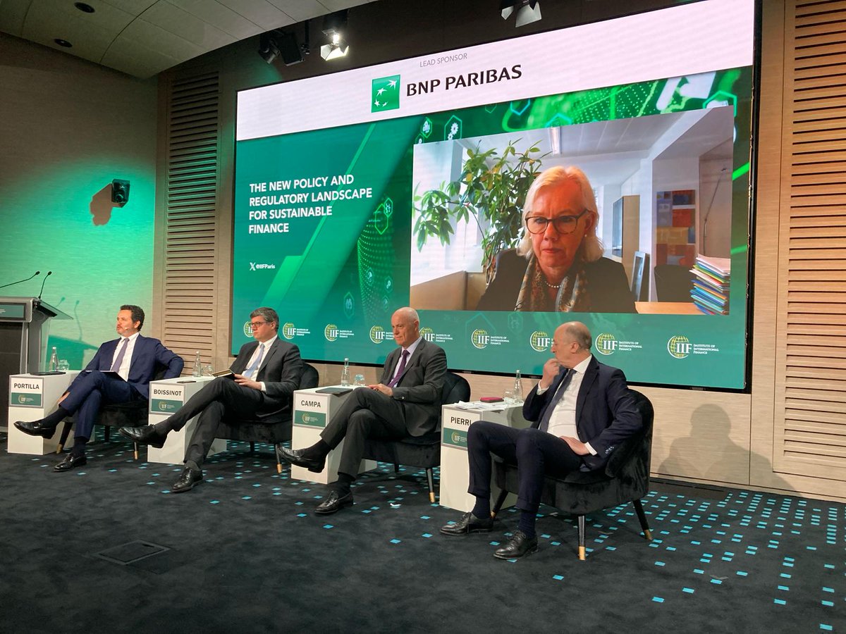 IIF's tweet photo. Next up on the agenda at #IIFParis, our panel of experts takes on the new #regulatory and policy landscape for #sustainablefinance. 

Tune in for the convo w/ Jean Boissinot @NGFS_, José Manuel Campa @EBA_News, Alexandra Jour-Schröder @EU_Commission, and Sandro Pierri @BNPParibas https://t.co/SqqwsM5r2u