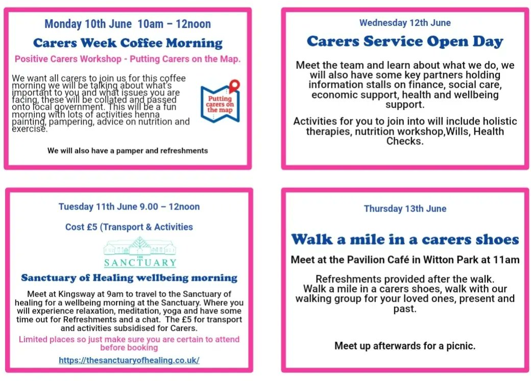 Carers Week - 10th June to 15th June

'Putting carers on the map'

A range of activities to celebrate Carers Week and the fantastic #service provided by our carers for their #friends and loved ones

Booking is essential 

#CarersWeek #activities #events #carers #celebrating