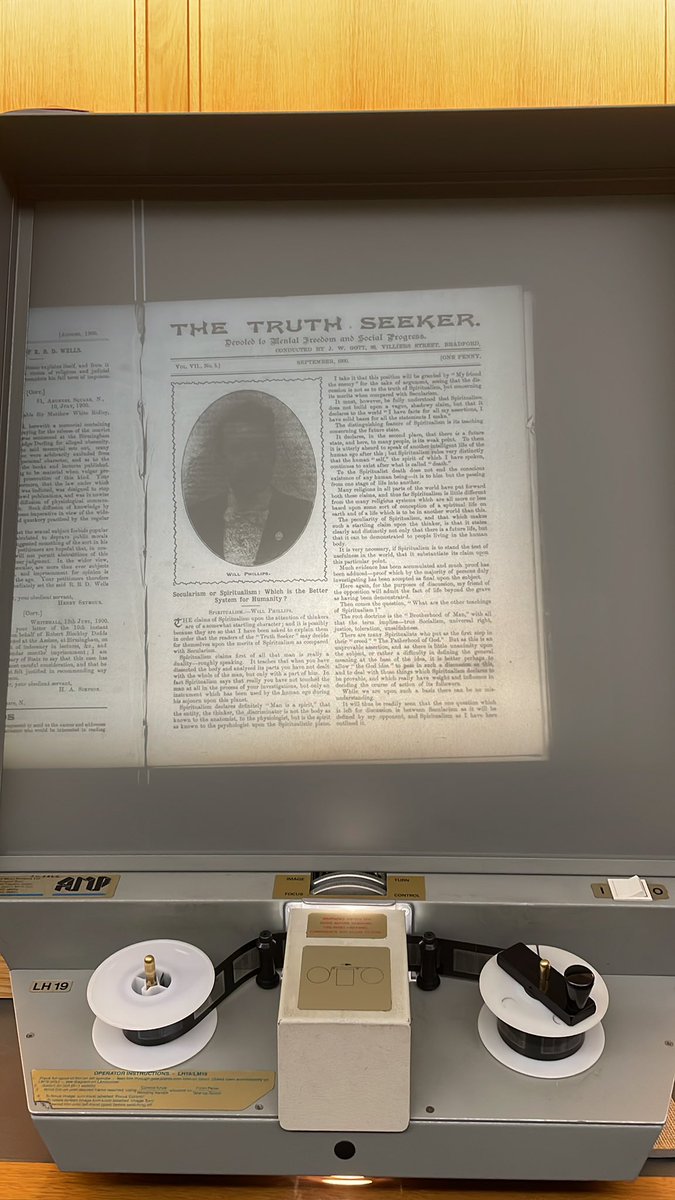 It’s a microfilm day for me! Enjoying delving into the Bradford Truth Seeker, which is throwing up lots of interesting things about the uses of biography. I’m also trying to match some poetry cuttings pasted in a @ConwayHall vol to their original source! #19write
