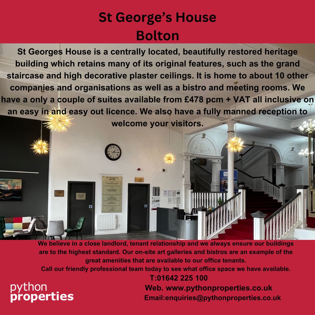 Python_Prop's tweet image. We have office space available in our beautiful building, St George's House in Bolton #officespace