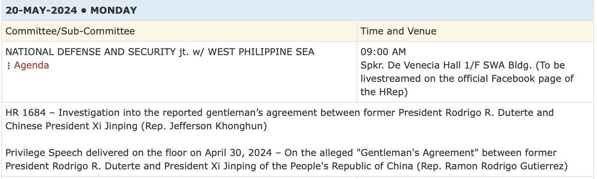 House Committee Inquiry Re: The Secret Deal between China and former president Duterte on Monday! May 20! I have been writing about the secret deal between China and the former president Duterte because I feel strongly against anything that would compromise our territorial