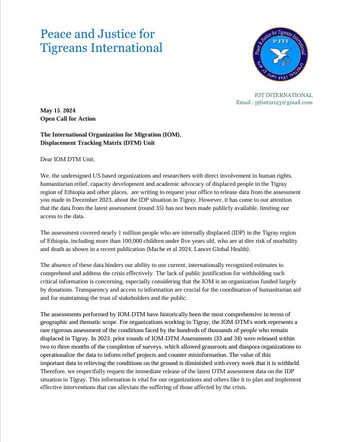 📣The co-sponsors of the below letter are asking @DTM_IOM to immediately release its most recent assessment of the conditions being faced by the #IDPs in #Tigray & the rest of Ethiopia. @HPN4Tigray @BurbridgeDuke @IrobAnina @ISBHA04 @TdrFund @Tigrayact @_HabenTigray @GezanaBBT