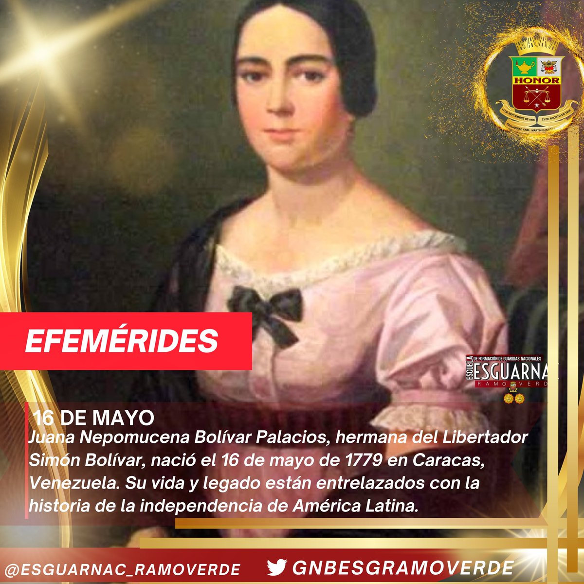#16May Juana Nepomucena Bolívar Palacios, hermana del Libertador Simón Bolívar, nació el 16 de mayo de 1779 en Caracas, Venezuela. Su vida y legado están entrelazados con la historia de la independencia de América Latina. #JuanaBolívar #HermanaDelLibertador