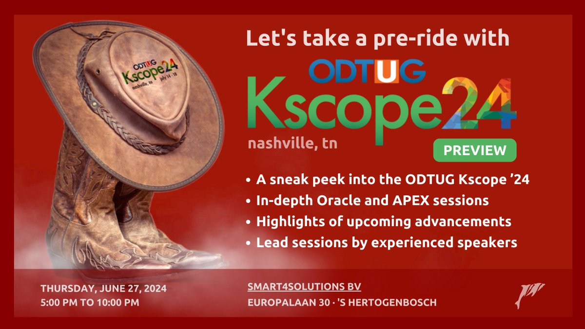 Free event for Oracle and APEX enthousiasts: June 27, 17:00
Join us for a sneak preview and a number of sessions from ODTUG Kscope 2024.
We have 9 presentations, food, drinks and most of all great company.
Full agenda and RSVP here 
smart4solutions.nl/blog/events/ks…
#orclapex <a href="/oracleace/">Oracle ACE Program</a>