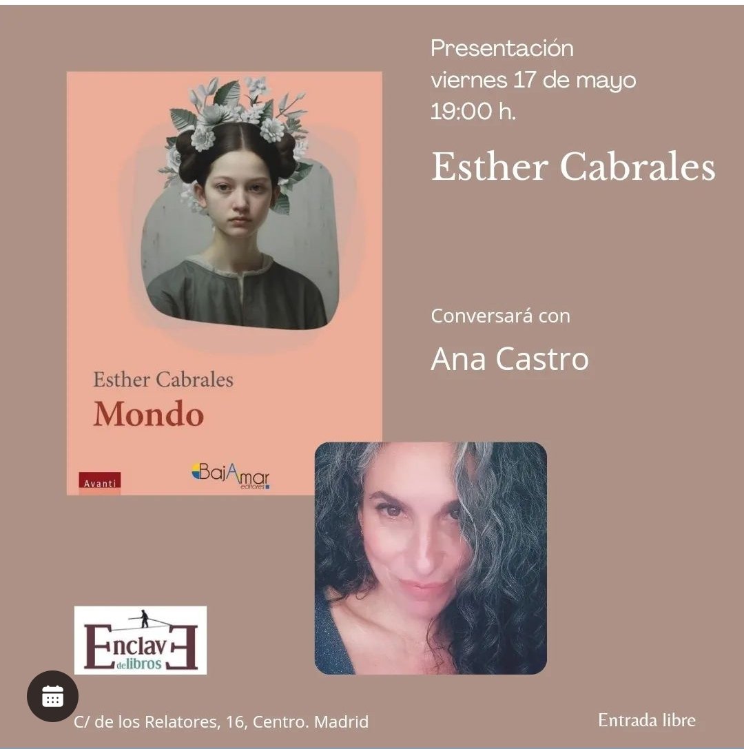 Mañana presento en @enclavedlibros el nuevo poemario de Esther Cabrales, una de las autoras incluidas en "Rojo-Dolor". "Mondo" es una celebración del amor vital, de la capacidad de ilusionarse, sin perder de vista todas las pérdidas y los vacíos que nos conforman. ¿Nos vemos?