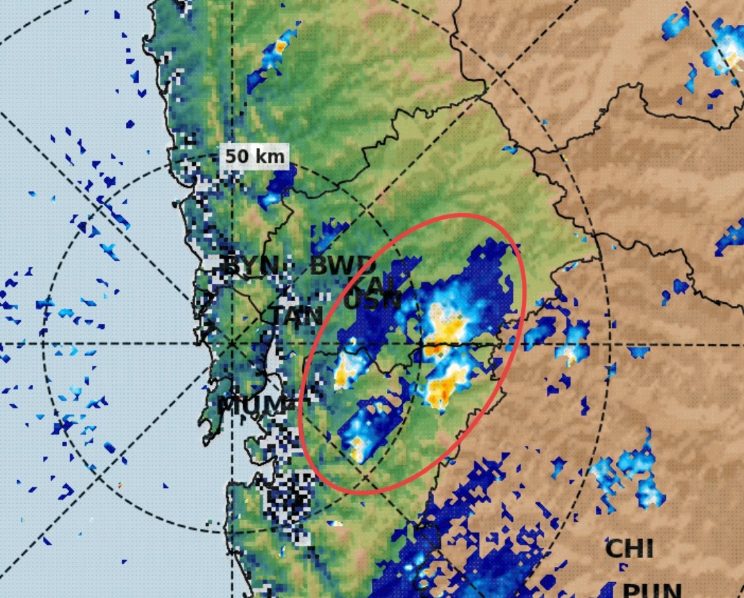 Update- Intense Thunderstorms formed in Thane & Navi Mumbai. Will issue an alert as the rain bands move more towards the interior. Rains possible in next 1-2 hours. Stay tuned. #MumbaiRains