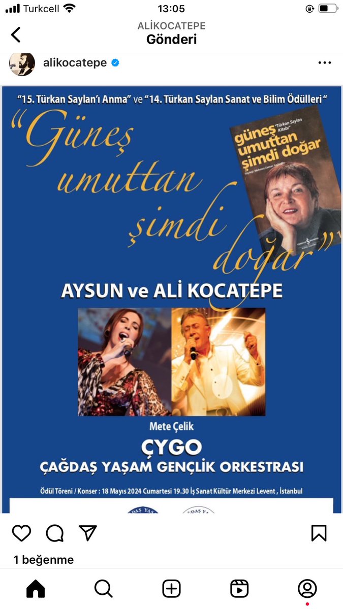 18 Mayıs.. Türkan Saylan’ı Anma Sanat ve Bilim Ödülleri … Akabinde konserimiz. @issanat @CagdasYasamDD #TürkanSaylan @ali_kocatepe @ilkyazkocatepe