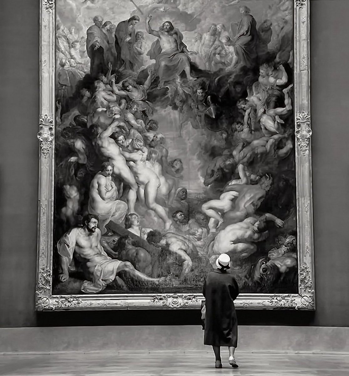 Rijksmuseum, Amsterdam, Photograph by Fritz Henle, 1960s. Painting by Rubens ‘The Last Judgement’ 1617.