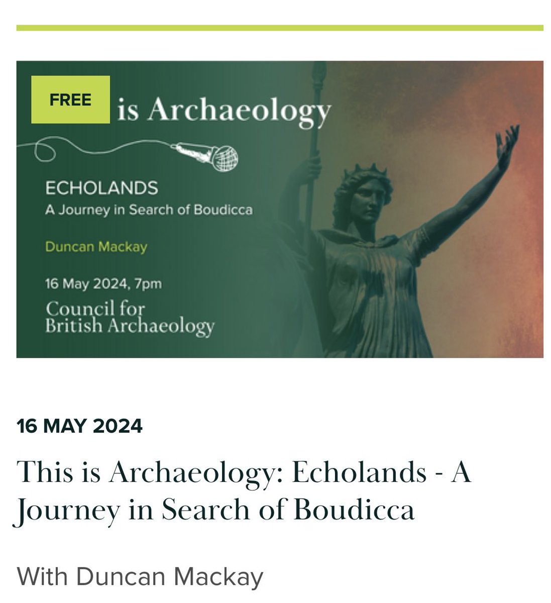 Really excited for my talk with ⁦@archaeologyuk⁩ tonight on ECHOLANDS-A JOURNEY IN SEARCH OF BOUDICA at 7pm. The event is now fully booked, but I do have other in person & online lectures coming up, so watch this space if you’d like to hear more about Boudica!