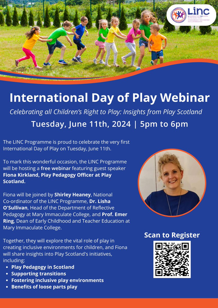 🎉 Join us on June 11th to celebrate the first International Day of Play!

🎙️ Dive into insightful discussions with Fiona Kirkland from <a href="/PlayScotland/">Play Scotland</a>, along with Prof. Emer Ring, Dr. Lisha O'Sullivan, &amp; Shirley Heaney.

Register for this FREE webinar here➡️rb.gy/cot2wo