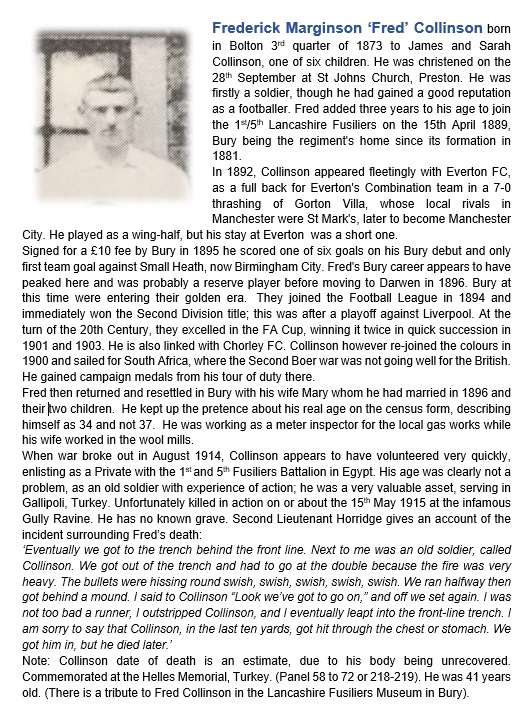 Frederick Marginson Collinson Lancashire Fusiliers Killed 15th May 1915 Turkey Footballer Everton, Bury Article attached with account of the incident surrounding his death