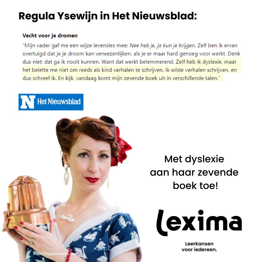 In Het Nieuwsblad staat vandaag een prachtig verhaal over Regula Ysewijn, culinair schrijfster en fotograaf. Regula: "Geloof niet dat je iets niet kunt, dat werkt beperkend." Ondanks haar dyslexie heeft ze inmiddels haar zevende boek geschreven.  #Lexima #leerkansen voor iedereen
