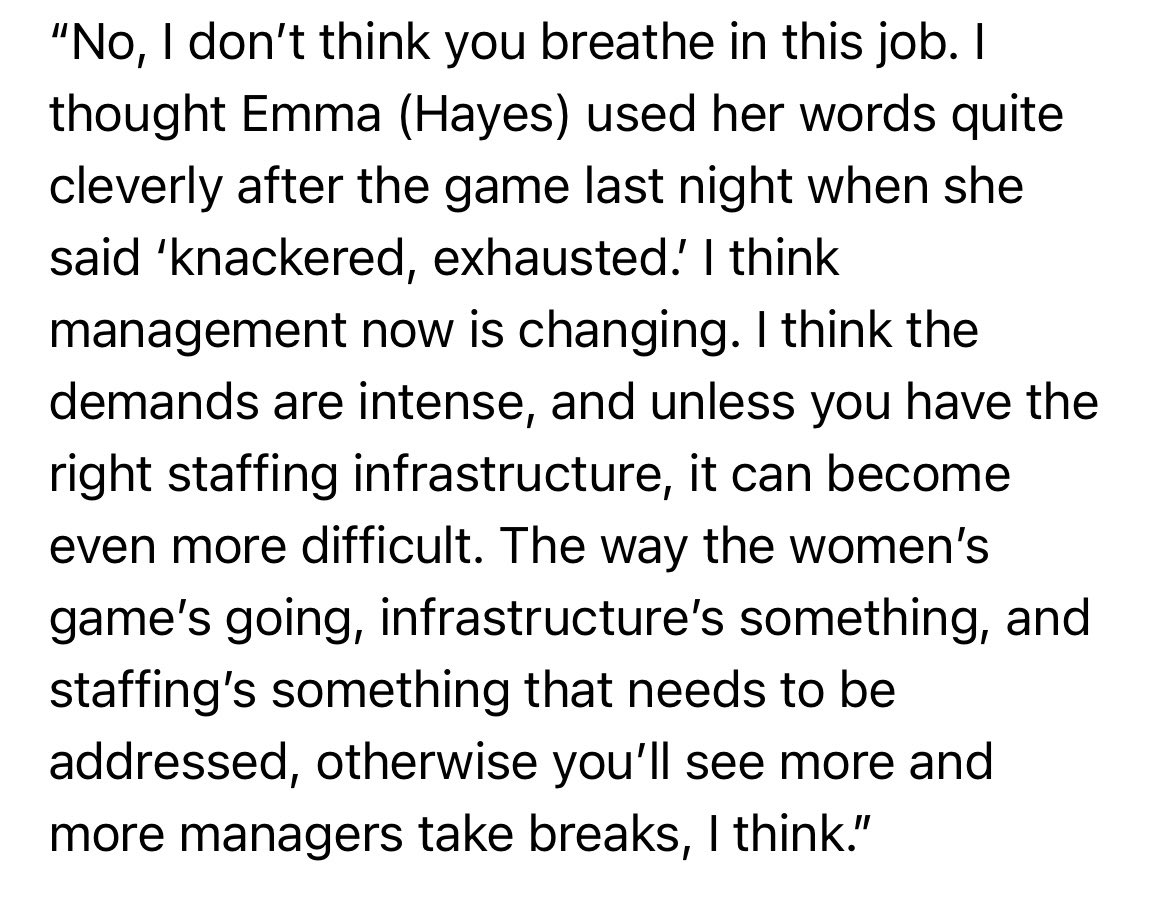 Carla Ward’s response when I asked if she feels like she’s been able to draw breath in these last few years since becoming a manager. “The way the women’s game’s going, (infrastructure and staffing) needs to be addressed, otherwise you’ll see more and more managers take breaks.”
