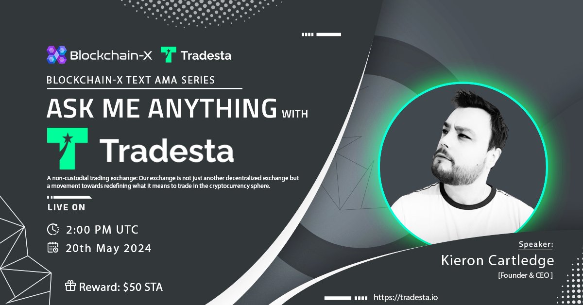 📣 We're pleased to announce our next #TextAMA with 𝗧𝗿𝗮𝗱𝗲𝗦𝘁𝗮.

◾ A non-custodial trading exchange: Our exchange is not just another decentralized exchange but a movement towards redefining what it means to trade in the cryptocurrency sphere. 

📆 Date : 20th May 2024
🕓