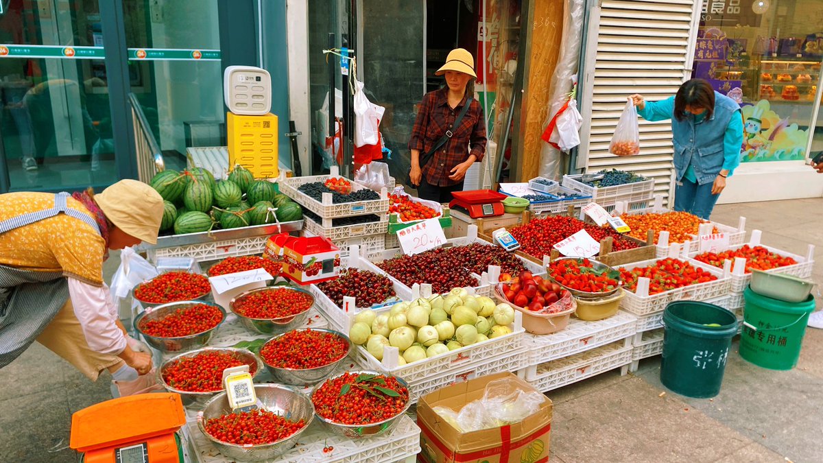 樱桃🍒熟了 胶东地区盛产樱桃，烟台，青岛。 价格在12到20多一斤500克。图三绿盆里的小樱桃是本土品种，15一斤，樱桃味道浓一些。东北的小樱桃都是水，那个味道才浓呢。