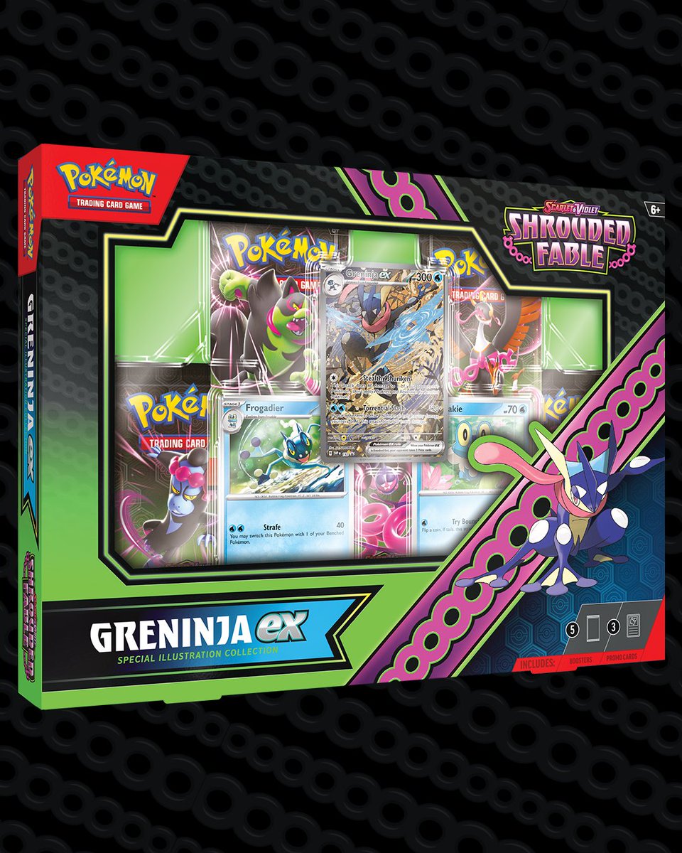 A Greninja ex special illustration rare-style promo card, featuring card art inspired by ukiyo-e wood block paintings, will be available in the #ShroudedFable Greninja ex Special Illustration Collection. In stores August 2, 2024—more details coming soon!