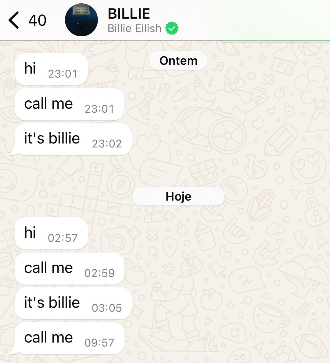 GÊNIA! Em 'The Diner', faixa que Billie Eilish incorpora uma stalker obcecada, é possível ouvir um número de telefone ao final.

Se chamado ou adicionado, o número segue importunando e mandando mensagens todos os dias, assim como sua personagem na canção.