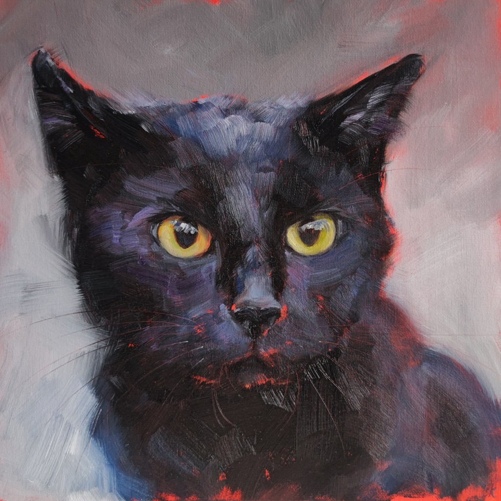 The intense gaze of this black cat portrait holds a captivating power, radiating strength and agility. Share your thoughts!⁠ 🖤🐾⁠ ⁠ Title: 'Hunting Look' khortviewprints.etsy.com/listing/171378… 🛩️my shop with original paintings is on vacation until 01 June🛩️⁠