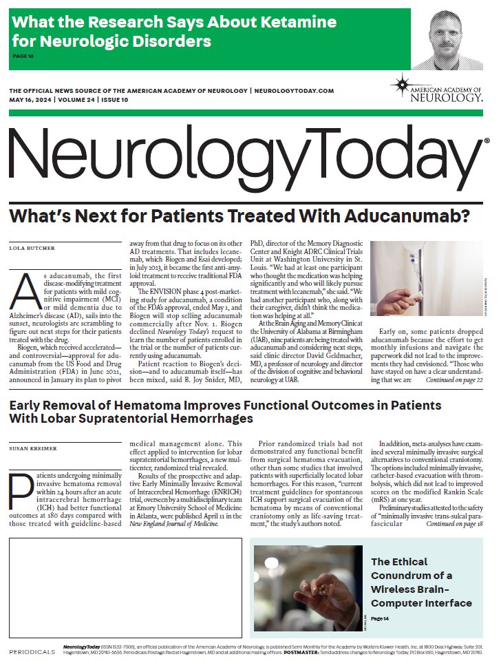 NeurologyToday's tweet image. Our May 16 issue is now live! Check out stories about what’s next for patients treated with #aducanumab, #ketamine’s potential use for neurologic disorders, the ethical conundrum of a wireless #BrainComputerInterface, and more: bit.ly/3irONIc

#NeuroTwitter @AANMember