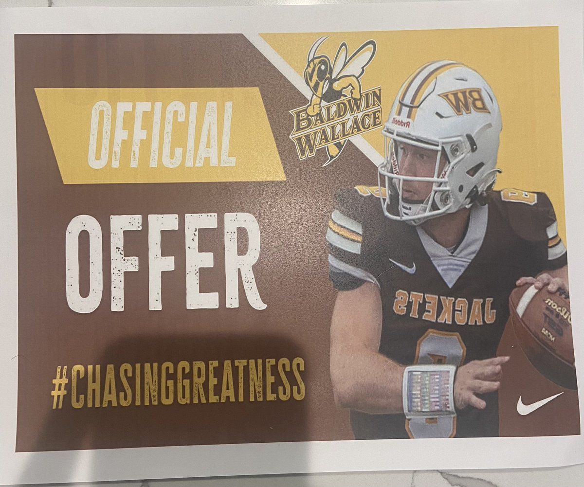 After a great visit I’m blessed to receive an offer to continue football at Baldwin Wallace. Thank you for the opportunity @CoachHilvert @EthanNichol10 @BWYJFootball @CoachWells1 @CoachCMilner @Coach_Atwater