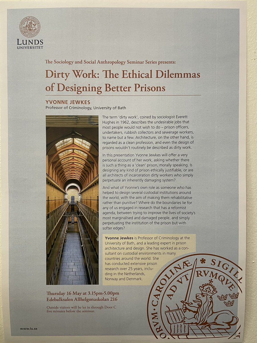 Yvonne Jewkes (@yvonnejewkes) on Twitter photo Wonderful to be at the University of Lund today, doing a creative writing workshop for 22 PhDs, postdocs and staff, and now about to give a lecture on prison design as dirty work. Thank you <a href="/sociologyflower/">Lisa Flower</a> for inviting me 🙂 Wonderful to be at the University of Lund today, doing a creative writing workshop for 22 PhDs, postdocs and staff, and now about to give a lecture on prison design as dirty work. Thank you <a href="/sociologyflower/">Lisa Flower</a> for inviting me 🙂