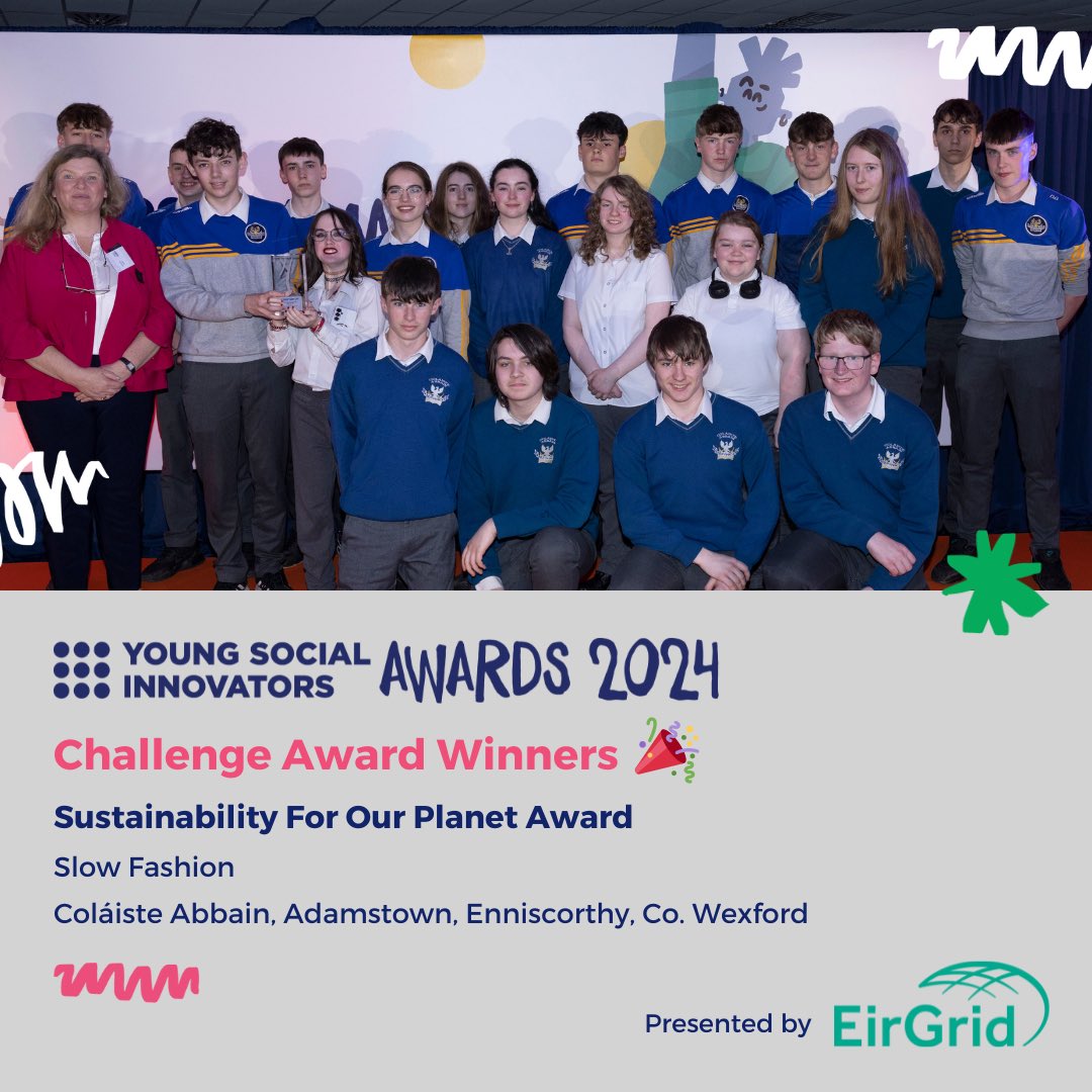 Congrats to the 'Slow Fashion' YSI Team for winning the 'Sustainability For Our Planet' award, supported by EirGrid! 🏆 They're tackling fast fashion with a Clothes Swap Shop and educating peers on its impact. Well done! 👏 #YSIAwards2024