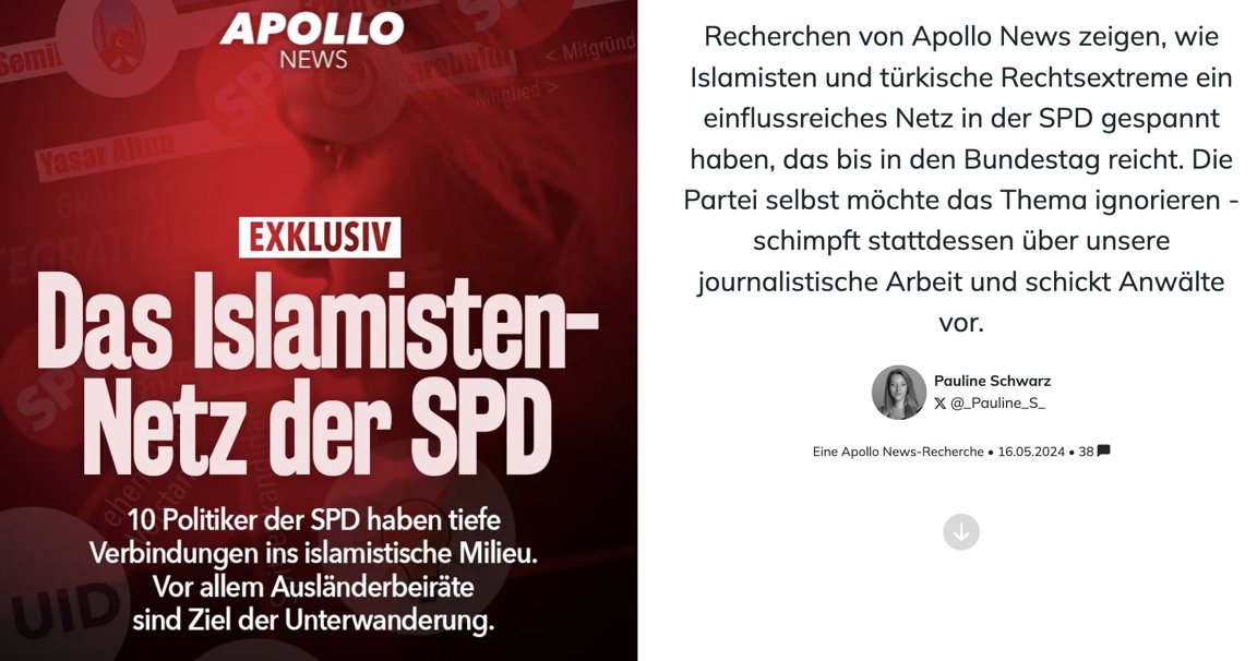Wir haben uns wegen meinen Recherchen für @apollo_news_de  schon mehr als eine Klage eingefangen. Aber liebe SPD-Genossen - davon lassen wir uns nicht einschüchtern.
Wir berichten weiter über das Islamisten-Netz in der Kanzlerpartei: apollo-news.net/das-islamisten…