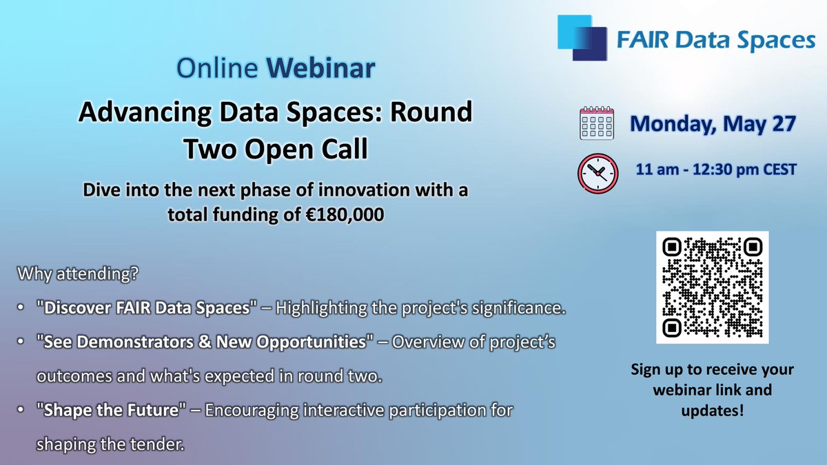 FAIR Data Spaces (@fairdataspaces) on Twitter photo 🚀 Companies, join our webinar on May 27th, 11 AM CEST! Discover data exchange innovations in FAIR #DataSpaces with <a href="/gaiax_aisbl/">Gaia-X Association for Data and Cloud (AISBL)</a>, #IDS, #NFDI, & @eoscassociation. Explore new opportunities and shape our €180K call.
🔗 Subscribe for details: nfdi.de/fair-data-spac… 🚀 Companies, join our webinar on May 27th, 11 AM CEST! Discover data exchange innovations in FAIR #DataSpaces with <a href="/gaiax_aisbl/">Gaia-X Association for Data and Cloud (AISBL)</a>, #IDS, #NFDI, & @eoscassociation. Explore new opportunities and shape our €180K call.
🔗 Subscribe for details: nfdi.de/fair-data-spac…