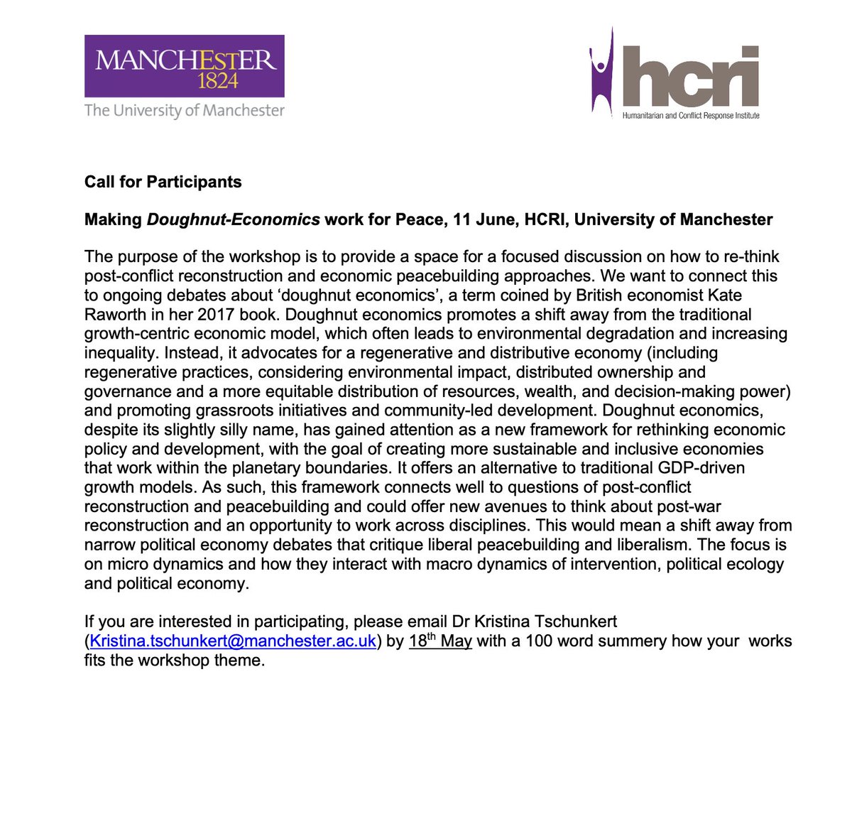 Birte Vogel (@birtevogel_) on Twitter photo A quick reminder about the workshop on doughnut economies and peace we are running <a href="/HCRInstitute/">HCRInstitute</a> next month. Last change to apply. Call below! A quick reminder about the workshop on doughnut economies and peace we are running <a href="/HCRInstitute/">HCRInstitute</a> next month. Last change to apply. Call below!