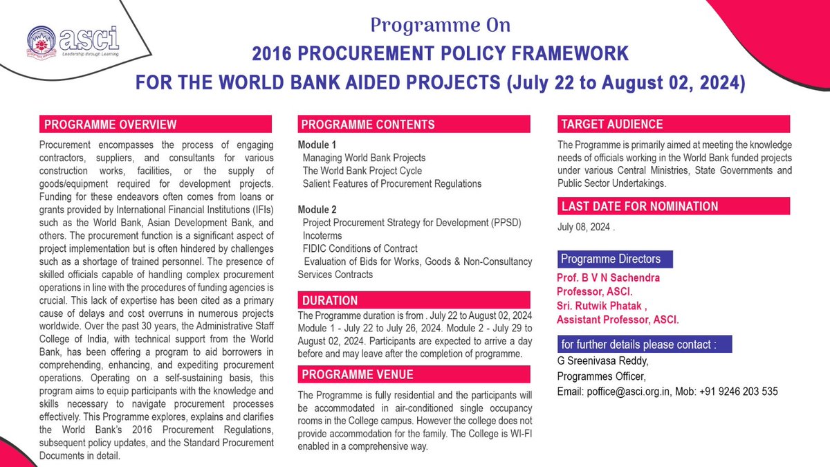 Unlock the Gateway to Successful Project Procurement with ASCI's Exclusive Program. Join us for an enlightening session on navigating the intricacies of the 2016 Procurement Policy Framework for World Bank-Aided Projects.