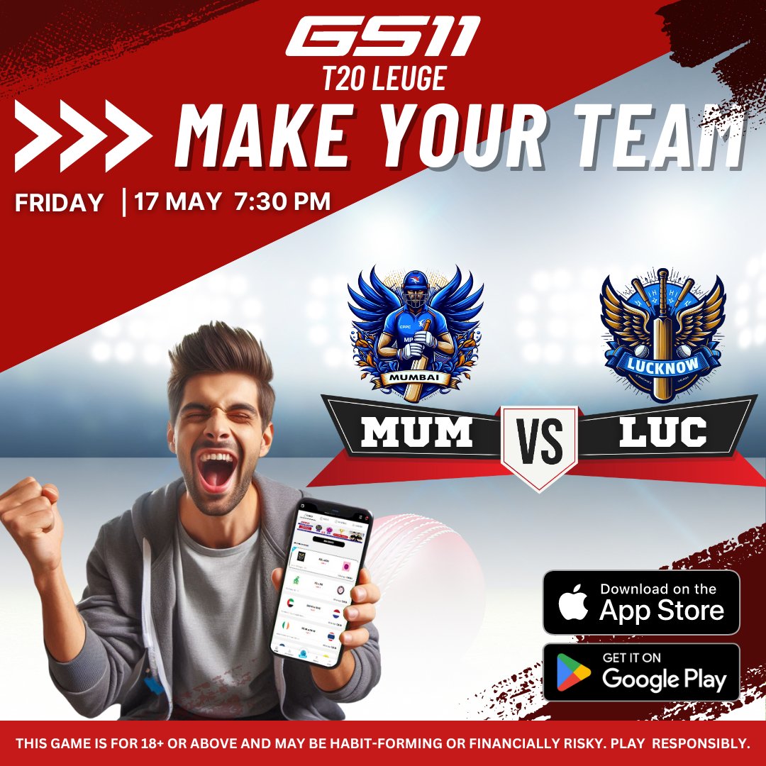 🏏 '🔥 Clash of Titans! 🏆 MUM vs. LUC 🌟 Get ready for an electrifying showdown as the Mumbai Indians take on the Lucknow Super Giants! 🚀🏏 Download the GS11 app now to create your dream team, track live scores, and strategize like a pro. 📱👇 #T20 #Cricket #MUMvsLUC #GS11App'*