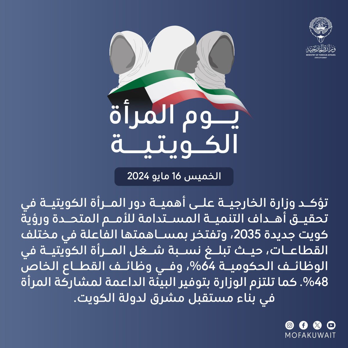 بيان #وزارة_الخارجية بمناسبة ' يوم المرأة الكويتية ' الذي يصادف اليوم الخميس 16 مايو 2024. البيان كاملاً: mofa.gov.kw/ar/news/2024-0…