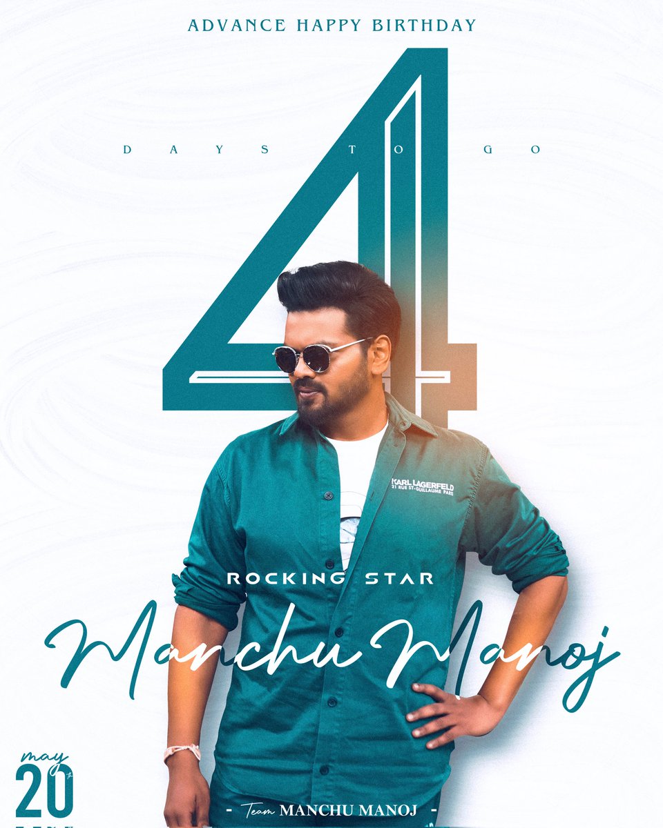 Sending our advance birthday wishes to ever energetic, one of most versatile,our dearest ROCKING STAR ⭐ @HeroManoj1 ❤️‍🔥

4 DAYS ahead for #ManchuManoj's Birthday Fest 🎉

#4DaysToGoForManchuManojBday
#ManchuManojBdayMonth 
#ManchuManoj #RockingStar